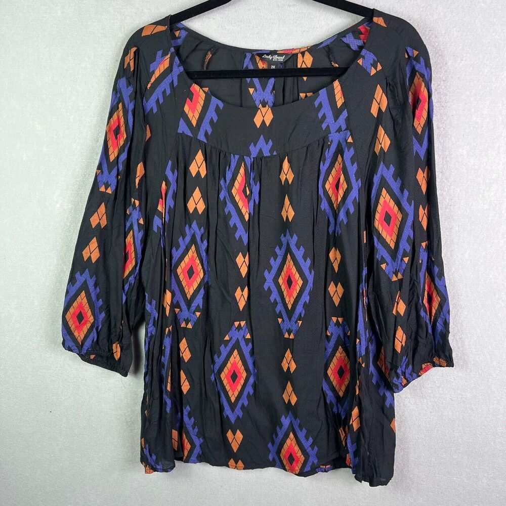 Lucky Brand Top Women 2X Black Purple Pullover 3/4 Sleeve Scoop Neck